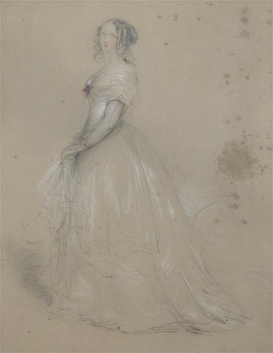 Victorian School Full length portrait of a lady wearing a white dress 9.5 x 7.5in.